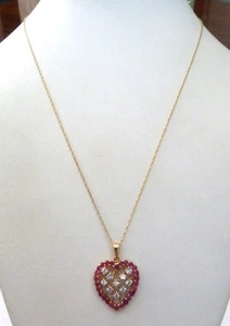 14K YELLOW GOLD 1 CTTW DIAMONDS & RUBIES HEART PENDANT CHAIN NECKLACE ~ 18.5" - Picture 1 of 14