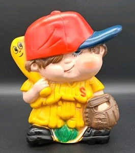 Vintage Sport Skwirts JIMMY BLOOPER 8” Plastic Coin Piggy Bank Baseball Boy - Picture 1 of 6