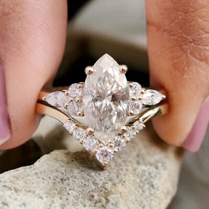 1.60 CT Marquise Moissanite Engagement Ring set Unique Yellow Gold Ring FD320 - Picture 1 of 10