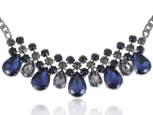 Gunmetal Tone Dark Blue Grey Rhinestones Chunky Multilayered Bib Necklace - Picture 1 of 1