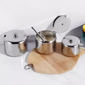Stainless Steel with Lid and Spoon Sugar Bowl Seasoning Jar Spice Container - Picture 1 of 12