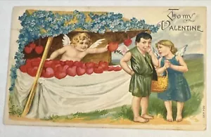 Embossed Valentines Day Postcard Cupid Cherub Selling Hearts To Couple Germany - Picture 1 of 2