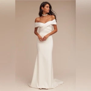 THEIA DRESS WOMENS 12 BLAKE OFF-SHOULDER WEDDING GOWN MINIMALIST BRIDAL LUXE - Picture 1 of 24