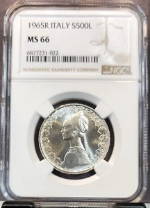 1965 ITALY SILVER 500 LIRE S500L RENAISSANCE WOMAN NGC MS 66 RARE TOP POP 1 - Picture 1 of 3