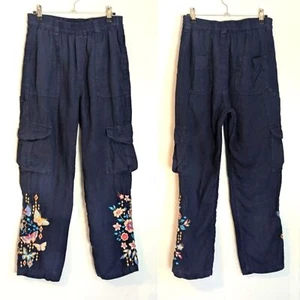 Johnny Was Mariposa Linen Cargo Pant Navy Size S Boho Embroidered - Picture 1 of 6
