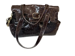 Nine West Patent Ostrich Satchel Handbag Chocolate Brown Gold Buckle Classic - Picture 1 of 24