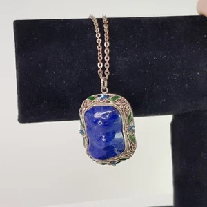 Vintage Lapis Lazuli Sterling Silver Enamel Italian Trace Chain Necklace 56cm - Photo 1/14