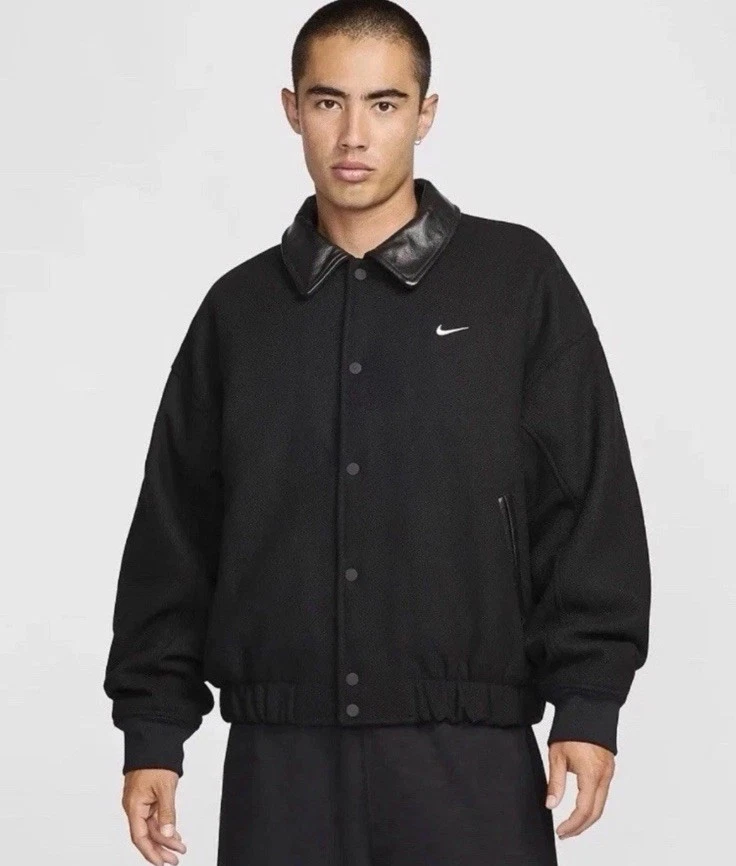 Nike Solo Swoosh Wool Varsity Jacket FZ1168-010 Black Mens Size Large-Tall