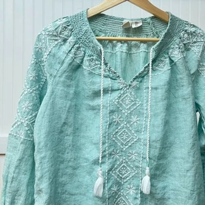 Blusa Top Joie Lino Boho Bordada Verde Menta Blanco Borlas Manga Larga S - Imagen 1 de 9