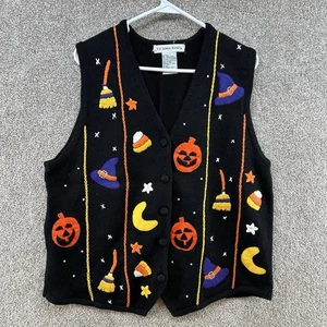 Victoria Jones Women's Sweater Vest Size XL Black Halloween Knit Button - Picture 1 of 10