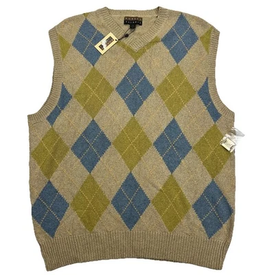 Robert Talbott L Sweater Vest Argyle Silk Cotton NWT Tan Blue Green Hong Kong - Image 1 of 4