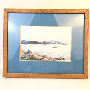 Original Watercolor Sailboats in a Rocky Inlet Signed J Sheldon 2X Matted Framed - Picture 1 of 4