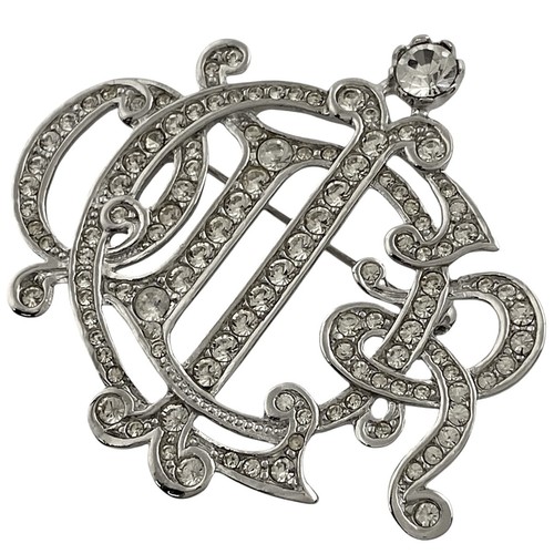 Christian Dior Logo Strass Spilla Emblema Spilla Placcatura Argento Strass...
