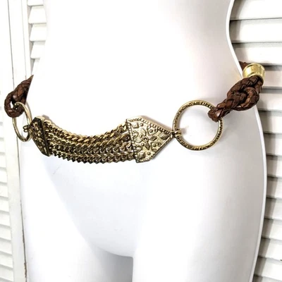 Vintage 90s Braided Leather & Chain Hip Belt Womens Statement Multi Strand Italy - Image 1 of 4