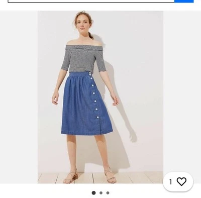New Ann Taylor LOFT Side Button Linen Blend Chambray Blue A-line Skirt Sz 8 - Image 1 of 4