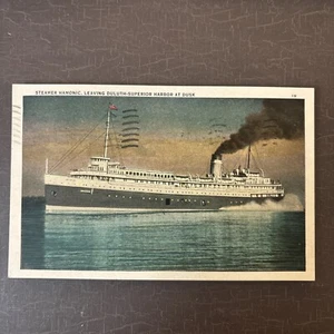 SHIP Postcard Steamer Harmonic leaving Duluth-Superior Harbor at Dusk 1934 MN WI - Picture 1 of 3