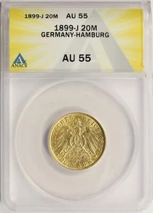 1899-J Germany Hamburg Gold 20 Mark ANACS AU55 - Picture 1 of 4