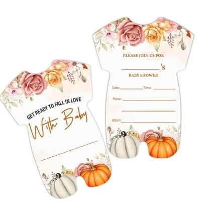 Fall Baby Shower Invitations 20 Pack Floral Pumpkins Shaped Cards Envelopes - Image 1 of 4