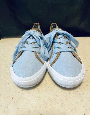 Isaac Mizrahi Live! Light Blue Vegan Brown Leather Lace-Up Sneakers Women 9 USED - Image 1 of 4