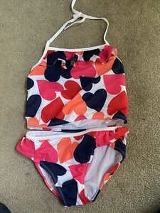 Nwt Gymboree Girls 10 Tankini 2 Piece Swimsuit Ruffle Hearts Pink Navy - Picture 1 of 4