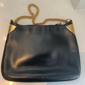 Vintage 1970s Black Leather GUCCI Handbag Purse Chunky Gilt Chain Brev. N.36283 - Picture 1 of 16