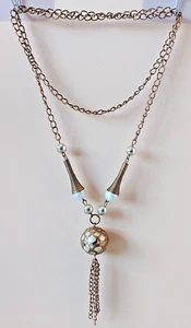"AD18" vintage bronze tone faux pearl chunky bauble tassel pendant necklace - Picture 1 of 9