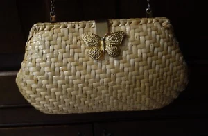 Talbots Tan Lacquered Woven Wicker Straw Butterfly Snap Convertible Handbag - Picture 1 of 4