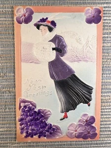 Neujahrsgrüße violetter Seidenmantel Eislaufen Frau Muff bestickt Postkarte - Bild 1 von 2