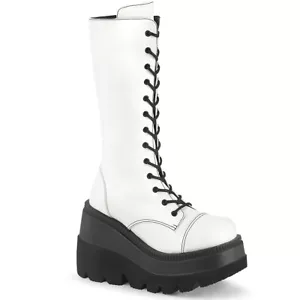 DEMONIA SHA72/BVL Gothic Punk Wedge Platform Lace Up White Mid Calf Womens Boots - Picture 1 of 6