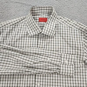 Isaia Napoli Shirt Mens 17 43 White Green Gray Plaid Button Up Dress Italy Made - Picture 1 of 12