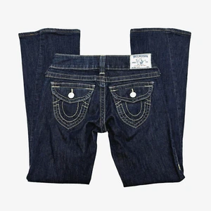 Pantalones de mezclilla de tiro bajo acampanados con solapa 26 bolsillos True Religion de colección Y2K para mujer hechos en EE. UU. - Imagen 1 de 14