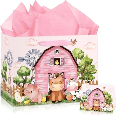 Farm Animals Theme Birthday Gift Bag for Girls Baby Shower Pink Farmhouse Barnya - Image 1 of 4