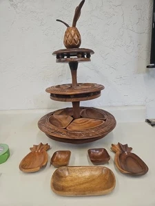 Vintage handgeschnitzte Affenschote Ananas 3 Ebenen Lazy Susan & Zubehör GB6 - Bild 1 von 22