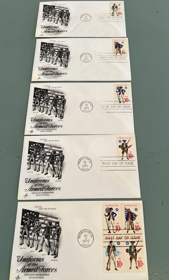 1975 July 4 First Day Cover Set Of 5 Plate Block Us Stamps Military - Image 1 of 1