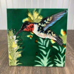 Ruby Throated Hummingbird Hand Painted Ceramic Art Tile 6 x 6 Fiberboard Back - Picture 1 of 9