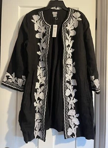 NWT Chico’s Black Linen Embroidered Kimono Jacket Open Front Sz 1 Cotton Lined - Picture 1 of 6