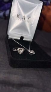 14K White Gold Diamond Heart Pendant Necklace Sterling Silver SZ 4-4.5 Ring Set