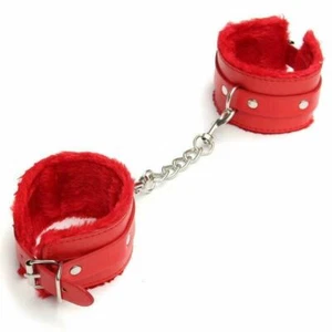 Red Sex Fun Play Slave Restraint Bondage Faux Leather Furry Handcuffs Ankle Cuff - Picture 1 of 4