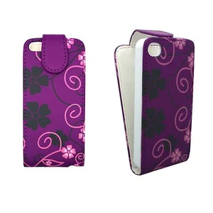 CASE FOR APPLE IPHONE 5/5S PURPLE FLIP PU LEATHER PINK BLACK FLOWER SWIRL POUCH - Picture 1 of 6