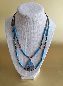 Vtg 1970s Handmade Native American 2 Strand Necklace End of the Trail Pendant - Picture 1 of 10