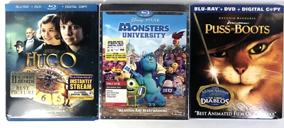 3D Blu Ray Lot Movies Monsters University Puss In Boots Hugo Exclusive Mint Disc - Image 1 of 4