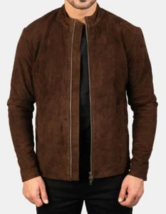 Handmade Genuine Jacket Suede Men's Biker Motorcycle Lambskin Brown Zip Leather - Picture 1 of 7