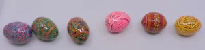 6 COLORFUL HAND PAINTED WOODEN PYSANKY EASTER EGGS, FOLK ART DESIGNS - Picture 1 of 6