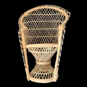 Vintage Mini Wicker Peacock Fan Back Rattan Doll Chair Plant Stand Boho 16.5" - Picture 1 of 24