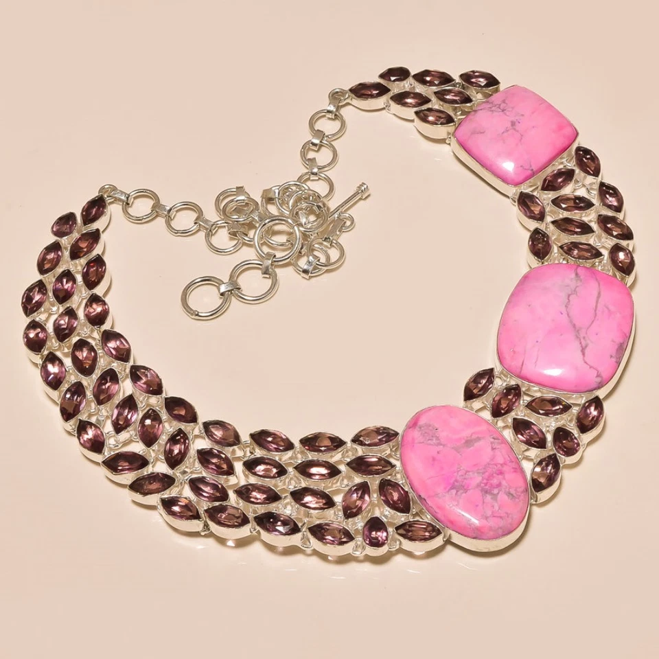 Collar enchapado en plata con piedras preciosas de amatista howlita rosa 18" Foto 1 de 1