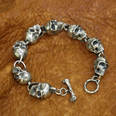 925 Sterling Silver Huge Details Skulls Bracelet Mens Rock Chain TA182A BZ - Image 1 of 4