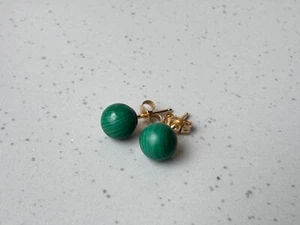 Estate Vintage 14K GOLD 6mm MALACHITE Stud Earrings, Matching Backs, 1.3 Grams - Picture 1 of 11