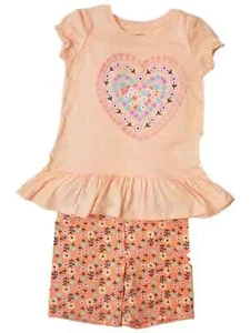 Girls Outfit Peach Heart Shirt & Flower Print Shorts Set Medium - Picture 1 of 1