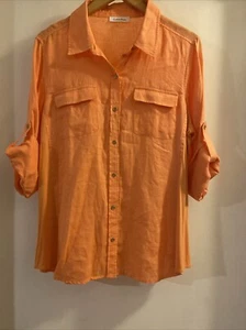 Calvin Klein CK Linen Blouse Orange Peach Women’s Large Button Down Shirt Top - Picture 1 of 6