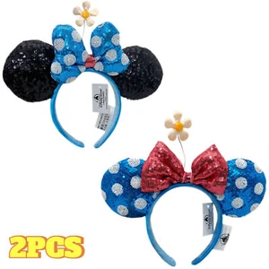 Disney~White Polka Dot Blue Bow Black Headband+Red Bow White Polka Dot Blue Ears - Picture 1 of 15